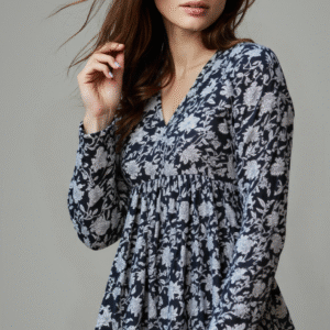 Navy Blue & White Floral Empire Waist Top – Full Sleeve Cotton Style